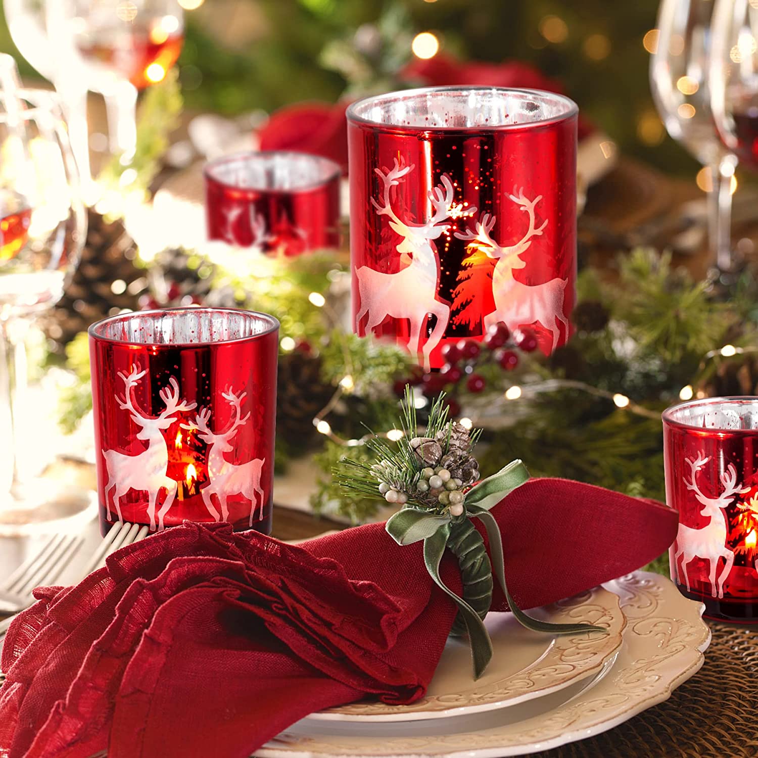 Christmas Votive Candle Holders Set of 3, Glass Tea Light Holder for Christmas Holiday Wedding Party