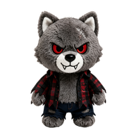Peluche Loup-garou Gris Effrayant en Coton Ultra Doux avec Cicatrice Cousue, Yeux Rouges, Aiguilles de Loup, et Chemise à Carreaux Déchirée, Jean – Idéal pour Halloween
