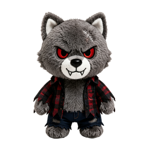 Muñeco de peluche de <span class=keywords><strong>lobo</strong></span> super suave gris aterrador con cicatrices cosidas, ojos rojos, colmillos, <span class=keywords><strong>camisa</strong></span> a cuadros rasgada y jeans rasgados para Halloween - Product Image 3
