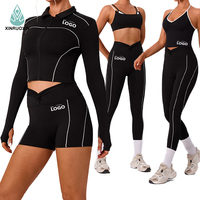 Pantalones cortos deportivos con aros y efecto moldeador de abdomen, shorts de fitness para correr, sujetador deportivo con cuello envolvente, conjunto de yoga.