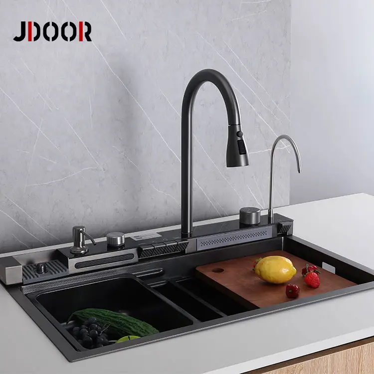 JDOOR New Trending Nano Black Step Kitchen Sink 304 Stainless Steel Handmade Above Mount Waterfall Kitchen Sink