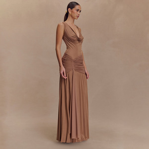 Vestido Largo sin Mangas con Cuello en V, Plisado, de Color Sólido, Elegante Vestido de Noche con Cintura Natural - Product Image 2