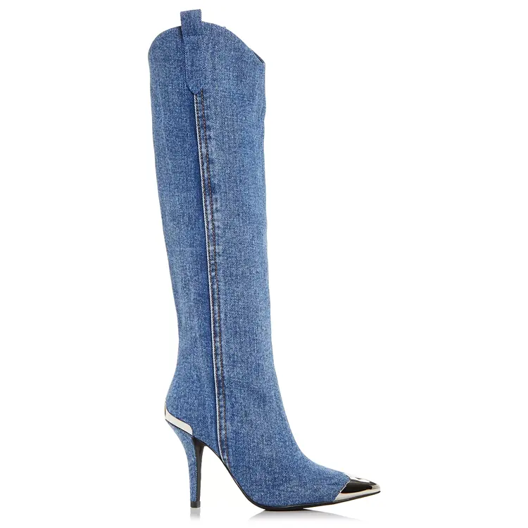 Designer Denim Boots Custom Made Tall Women's High Heel Zip up boots Wide Calf for Women