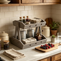 Caddie de rangement à deux niveaux en bois rustique minimaliste personnalisé pour l'organisation des aliments et des condiments sur le comptoir de cuisine