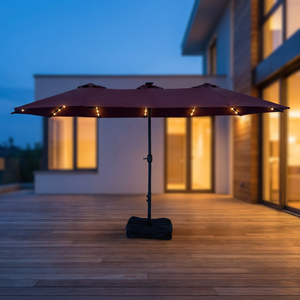 Modern <b>Extra</b> <b>Large</b> UV Protection Windproof Solar LED Patio Umbrella Outdoor <b>Parasol</b> Poolside Double Top Red Crank Handle - Product Image 6