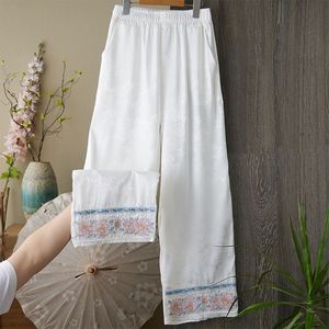 Chinese Style Embroidery Pants Cotton Bamboo Fiber Loose Straight Leg Casual Pants For Women Spring Summer Autumn - Product Image 1