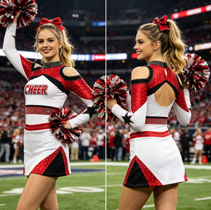 Uniforme de cheerleading rouge, blanc et noir, <span class=keywords><strong>robe</strong></span> à manches longues et épaules dénudées <span class=keywords><strong>avec</strong></span> strass pour les matchs de football et de basketball professionnels - Product Image 1