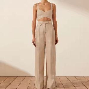 Conjunto de Lino al Por Mayor a Bajo Precio: Top Corto Sexy para Mujer y Pantalones Anchos de Lino de Talle Alto Casuales para Mujer - Product Image 1