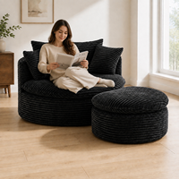 Canapé de sol rond moderne en velours côtelé noir avec ottoman, fauteuil paresseux sans cadre tout en mousse, assise douce pour salon