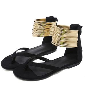 Sandalias Planas de Mujer para Exteriores 2022, con Banda Estrecha Dorada Metálica, Chanclas con Correa en el Tobillo, Color Marrón, Suaves, para Playa y Verano - Product Image 2