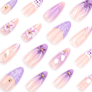 Personalizar 24 piezas 3503 francés fresco manicura púrpura Ombre 3D flor <span class=keywords><strong>uñas</strong></span> superposiciones forma de almendra acrílico Prensa en <span class=keywords><strong>uñas</strong></span> postizas - Product Image 4