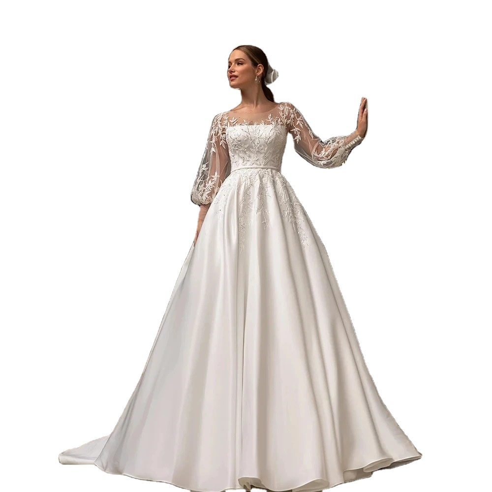 Elegant Lace Satin Wedding Dress with Puffed Sleeves & Little Train -  Perfect for Weddings & Parties, Available in US2-US26W
