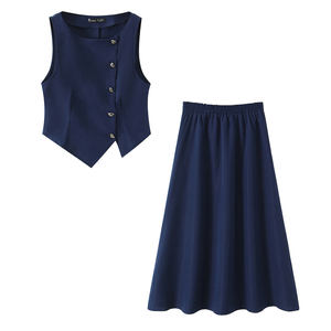 Women's Solid Vintage Navy Blue Sleeveless Blazer Top Button Detail <b>Elastic</b> Waist A-Line <b>Skirt</b> Two Piece Set Elegant Casual Wear - Product Image 1