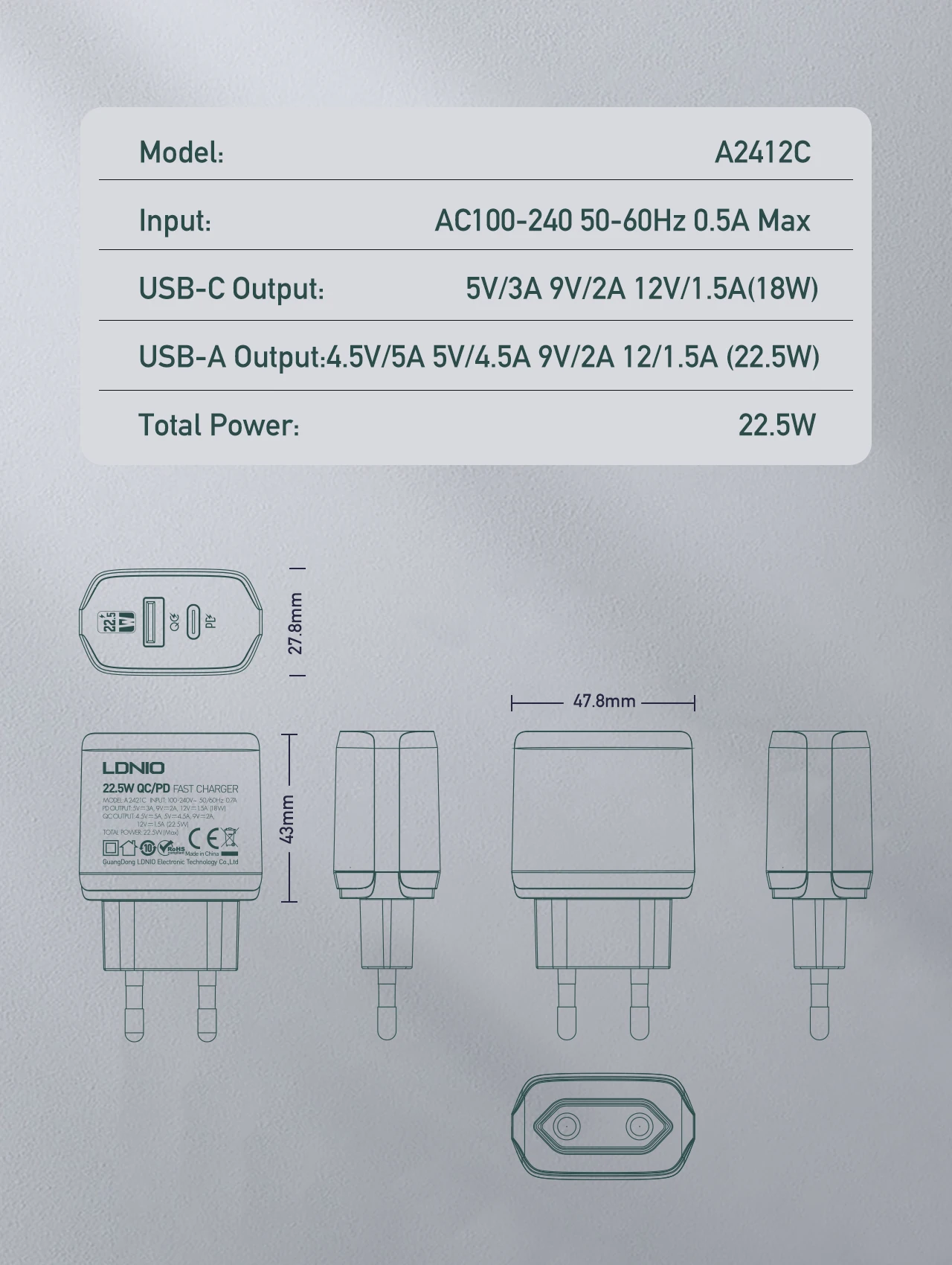 LDNIO A2421C Wholesale 22.5W USB C Portable Sim Fast Charging UK/EU/US Type C Wall Charger