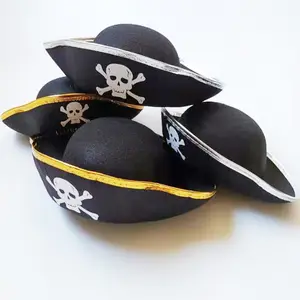 HT002批发儿童成人万圣节派对船长海盗帽带骷髅印花