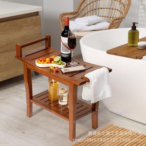 The Source Of Etiquette Tabouret de salle de bain en bois massif 24 pouces, siège de douche double couche avec accoudoirs et étagère de rangement - Product Image 2