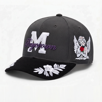 Gorra de Béisbol Personalizada de 6 Paneles con Visera de Pana, Bordado Floral de Ángel, Dos Tonos, Estilo Urbano Deportivo para Hombre y Mujer