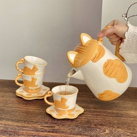 Bouilloire en céramique en forme de chat de dessin animé mignon, design unique fait main, avec soucoupe, pour eau, thé, lait, ensemble avec tasse
