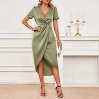 Robe longue à manches courtes en satin écologique antistatique pour femmes européennes et américaines, col croisé, taille haute, printemps