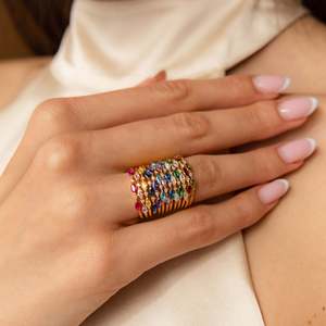 Nueva moda Marquesa forma colorido circón pila ring18k chapado en oro de acero inoxidable 12 anillos de piedra natal - Product Image 3