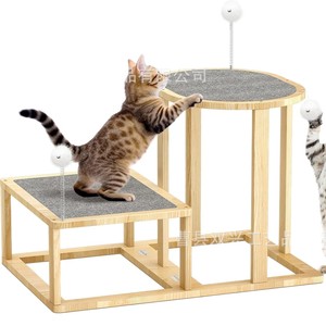 Wooden Cat Tree Tower 2 Levels Solid Wood <b>Scratching</b> <b>Post</b> With Bell Teaser For Small Cats Indoor Use - Product Image 5
