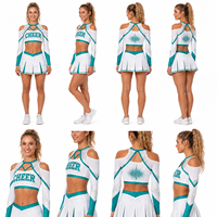 Uniforme de Porristas Personalizado, Blanco y Verde Azulado, con Pedrería, Cuello de Rejilla, Hombros Descubiertos, Espalda en X, Top Corto de Manga Larga y Falda Plisada
