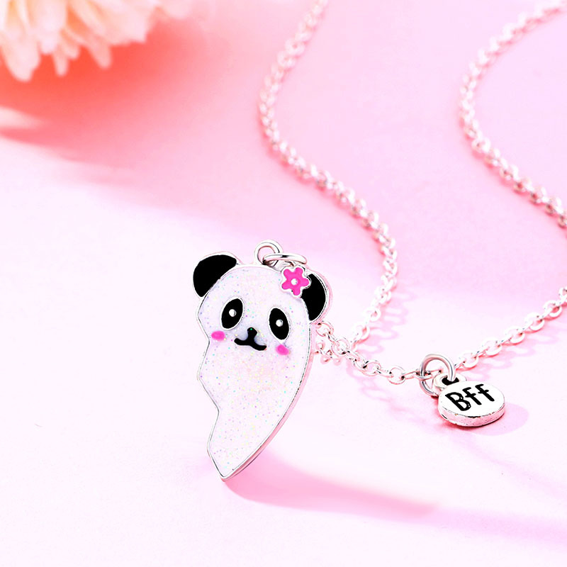 Collier Panda Strass Noir - Long, 2 Pandas, Alliage Métallique, Neuf