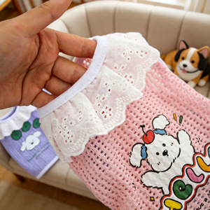 Chaleco de malla con estampado de animales para mascotas, ropa transpirable de verano para gatos y perros con ribete de encaje, color morado, rosa, azul cielo - Product Image 3