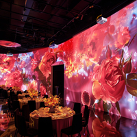 Salle de projection immersive 3D, système de cartographie interactive, projecteur holographique, affichage mural et au sol à 360 degrés, salle de banquet