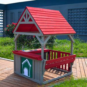 Cocina de Juguete de Madera Premium para Exteriores y Banco Convertible con Techo Rojo, Fregadero y Estufa de Juguete - Casa de Juegos para Niños - Product Image 1