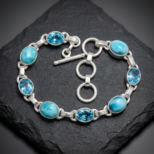 Pulsera de Cadena de Eslabones de Plata de Ley 925 de Diseño Moderno, Joyería Hecha a Mano con Larimar y Topacio Azul, Personalizable, Regalo para Fiestas - Product Image 3