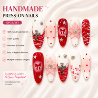 Faux Ongles Longs Ovales à Presser Faits Main de Qualité Supérieure, en Acrylique Rouge Rose Personnalisé, avec Fleurs 3D, Nœuds, Croix et Étoiles en Strass, Vente en Gros