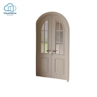 Puerta Doble de Madera con Arco Francés Personalizada, Puerta Interior con Rejilla y Vidrio Acanalado para Viviendas Residenciales, Hoteles y Proyectos al por Mayor