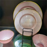 Ensemble de vaisselle pour événements en gros, assiettes plates en verre rose et bol à soupe