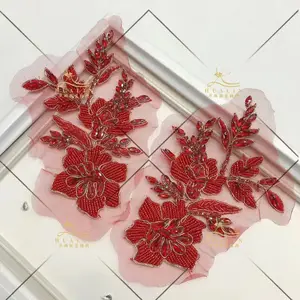 RM-473 Rose Red Fuchsia Crystal Lace Embroidery Bottom Horse Eye Patch Rhinestone Flower Applique For Dresses Shoulder