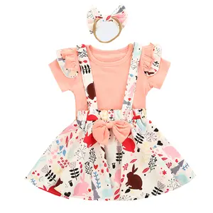 Baby Kleding Zomer Peuter Meisjes Tops Rok Hoofdband Bunny Bloem Gedrukt Pasen Jurk 3 Pcs Sets Meisjes Jurken