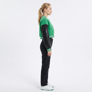 <b>Women's</b> Varsity <b>Jacket</b> Green Knitted Body <b>Black</b> PU Leather Sleeves Button Closure Short Length Crew Neck Autumn Wear - Product Image 3
