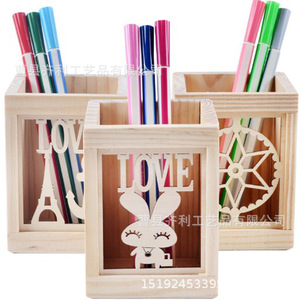 Wooden Desktop <b>Pen</b> Holder Square Natural Wood Color Cartoon Design For Office And Children Storage <b>Box</b> BT 001 - Product Image 1