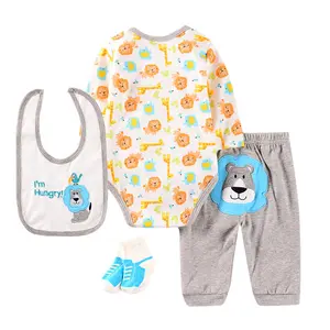 Комбинезон для новорожденных девочек и мальчиков из 100% хлопка, комплект из 4 предметов: боди, нагрудник, штаны и носки, подарочный набор