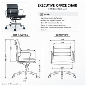 Chaise de <span class=keywords><strong>bureau</strong></span> exécutive de style mid-century, réglable en hauteur, pivotante, avec structure en alliage d'aluminium et assise en PU, idéale pour les bureaux. - Product Image 4