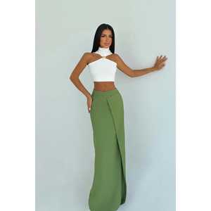 Falda Larga de Satén Color Caqui para Niñas, Estilo Lápiz y Recto con Detalle de Lazo y Tejido de Punto, en Spandex - Product Image 3