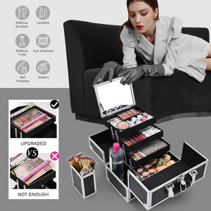 Portable Makeup Train Case with Mirror 3-Tier Makeup <b>Box</b> Organizer Traveling Cosmetic Suitcase Storage <b>Removable</b> Brush Holder - Product Image 2