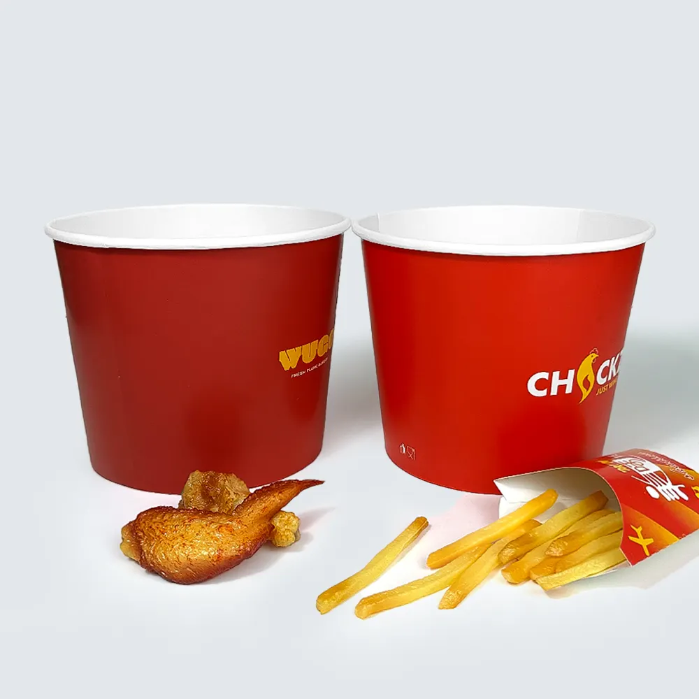 Cubos de papel desechables para pollo fritos con tapa, papel corrugado para alimentos, embalaje de aperitivos, taza de palomitas de maíz, Cubo de pollo de una sola pared