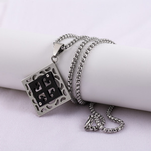 Chinese Style <b>Titanium</b> Steel Hollow Floral Square Pendant Necklace Men's Sweater <b>Chain</b> Geometric Design - Product Image 1