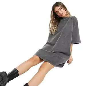 Wholesale Women Short Sleeve Heavy Weight Vintage Grey Acid Wash Long Casual Cotton T Shirt Dress