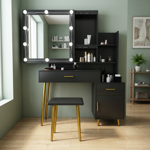 Set Toeletta Nera con 2 Cassetti, 1 Anta, 2 Ripiani, Impiallacciatura in Triamina, Specchio con 3 Lampadine, Mobile per Trucco - Product Image 2