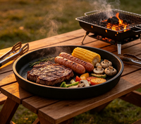 Plaque de service ronde en fonte épaisse pré-culottée pour la restauration, idéale pour les steaks, avec logo personnalisé OEM, ustensile de cuisson professionnel