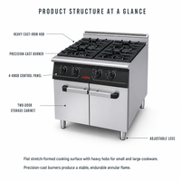 Cuisinière à gaz commerciale JUSTA à 4 brûleurs avec protection contre l'extinction de la flamme et armoire de rangement, cuisinière en acier inoxydable pour restaurant, hôtel
