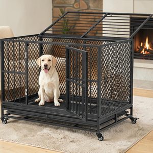 Gabbia per Cani in Metallo Nero con Tetto Apribile, Doppie Porte d'Accesso, Ruote Scorrevoli, Vassoio Rimovibile, Anti-Morso, Semplice, Verniciata a Polvere, Grande - Product Image 4