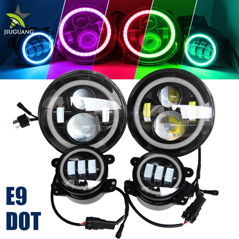 Factory Super Bright Fog Headlight Light Kit Devil's Eye RGB Color Halo H4 Projector 7 Inch RGB Car LED Headlight for JK JL
